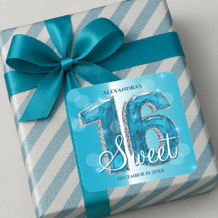 Glanzende Blauwe Edelsteen Sweet 16 Viering Vierkante Sticker