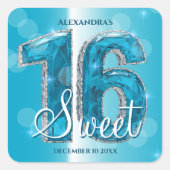 Glanzende Blauwe Edelsteen Sweet 16 Viering Vierkante Sticker (Voorkant)