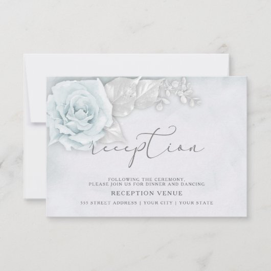 Glanzende Blauwe en Witte Rozen Receptie Kaart (Voorkant)