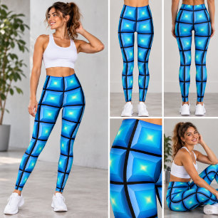 Glanzende Blauwe Geometrische Raster Optische Illu Leggings