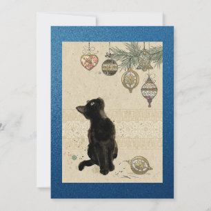 Glanzende Blauwe Vintage Zwarte Kat die naar Ornam Feestdagenkaart