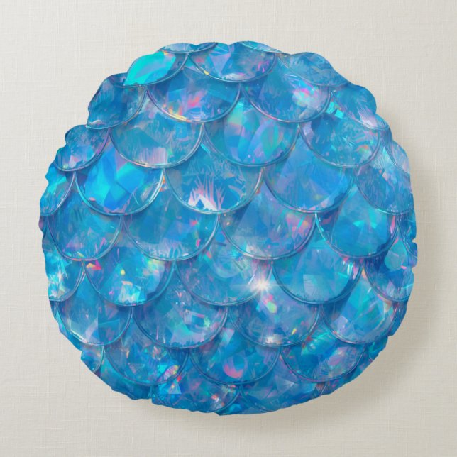 Glanzende Blauwe Zeemeermin Print Rond Kussen (Voorkant)