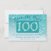 Glanzende Blauwgroen Blue Glitter voor 100e verjaa Save The Date (Voorkant)