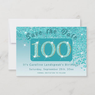 Glanzende Blauwgroen Blue Glitter voor 100e verjaa Save The Date