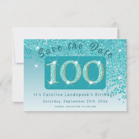 Glanzende Blauwgroen Blue Glitter voor 100e verjaa Save The Date (Voorkant)