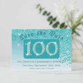 Glanzende Blauwgroen Blue Glitter voor 100e verjaa Save The Date (Staand voorkant)