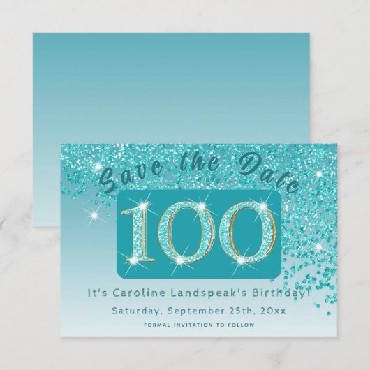 Glanzende Blauwgroen Blue Glitter voor 100e verjaa Save The Date (Voorkant / Achterkant)