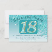 Glanzende Blauwgroen Blue Glitter voor 18e verjaar Save The Date (Voorkant)