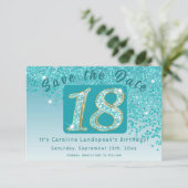 Glanzende Blauwgroen Blue Glitter voor 18e verjaar Save The Date (Staand voorkant)