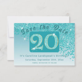 Glanzende Blauwgroen Blue Glitter voor 20e verjaar Save The Date