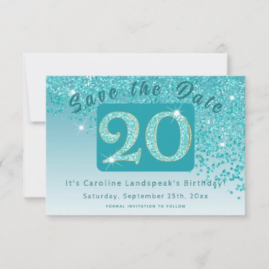 Glanzende Blauwgroen Blue Glitter voor 20e verjaar Save The Date (Voorkant)