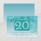 Glanzende Blauwgroen Blue Glitter voor 20e verjaar Save The Date (Voorkant / Achterkant)