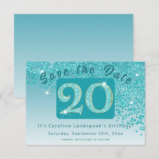 Glanzende Blauwgroen Blue Glitter voor 20e verjaar Save The Date (Voorkant / Achterkant)