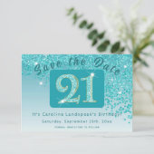 Glanzende Blauwgroen Blue Glitter voor 21e verjaar Save The Date (Staand voorkant)