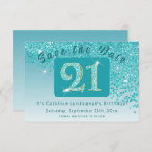 Glanzende Blauwgroen Blue Glitter voor 21e verjaar Save The Date (Voorkant / Achterkant)