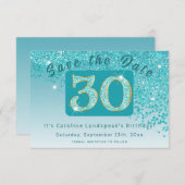 Glanzende Blauwgroen Blue Glitter voor 30e verjaar Save The Date (Voorkant / Achterkant)