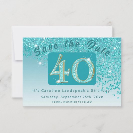Glanzende Blauwgroen Blue Glitter voor 40e verjaar Save The Date (Voorkant)