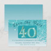 Glanzende Blauwgroen Blue Glitter voor 40e verjaar Save The Date (Voorkant / Achterkant)