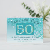 Glanzende Blauwgroen Blue Glitter voor 50e verjaar Save The Date (Staand voorkant)