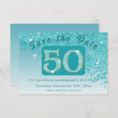 Glanzende Blauwgroen Blue Glitter voor 50e verjaar Save The Date (Voorkant / Achterkant)