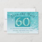 Glanzende Blauwgroen Blue Glitter voor 60e verjaar Save The Date (Voorkant)