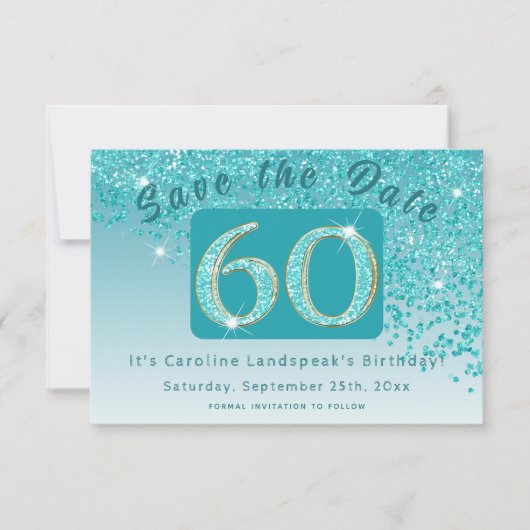 Glanzende Blauwgroen Blue Glitter voor 60e verjaar Save The Date (Voorkant)