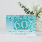 Glanzende Blauwgroen Blue Glitter voor 60e verjaar Save The Date (Staand voorkant)