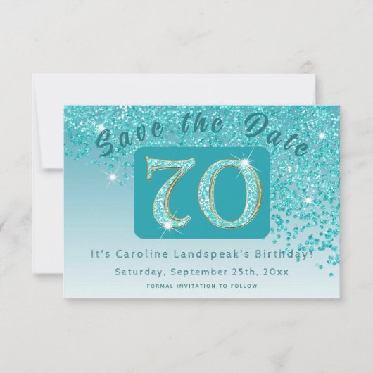 Glanzende Blauwgroen Blue Glitter voor 70e verjaar Save The Date (Voorkant)