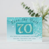 Glanzende Blauwgroen Blue Glitter voor 70e verjaar Save The Date (Staand voorkant)