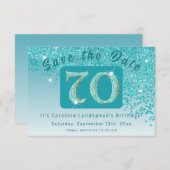 Glanzende Blauwgroen Blue Glitter voor 70e verjaar Save The Date (Voorkant / Achterkant)