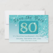 Glanzende Blauwgroen Blue Glitter voor 80e verjaar Save The Date (Voorkant)