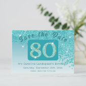 Glanzende Blauwgroen Blue Glitter voor 80e verjaar Save The Date (Staand voorkant)