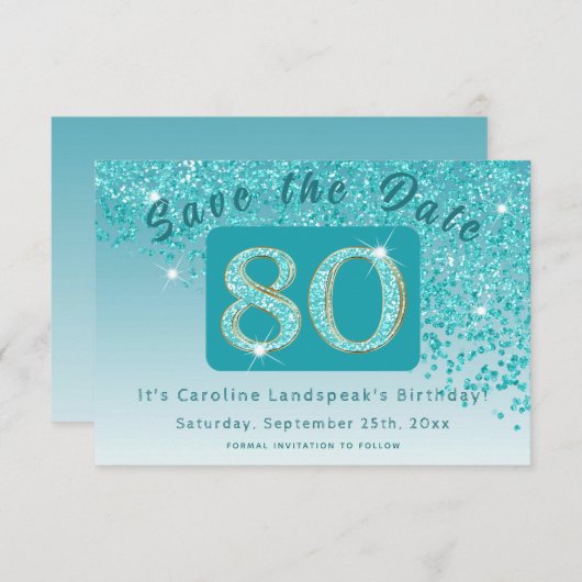 Glanzende Blauwgroen Blue Glitter voor 80e verjaar Save The Date (Voorkant / Achterkant)