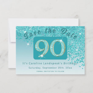 Glanzende Blauwgroen Blue Glitter voor 90e verjaar Save The Date