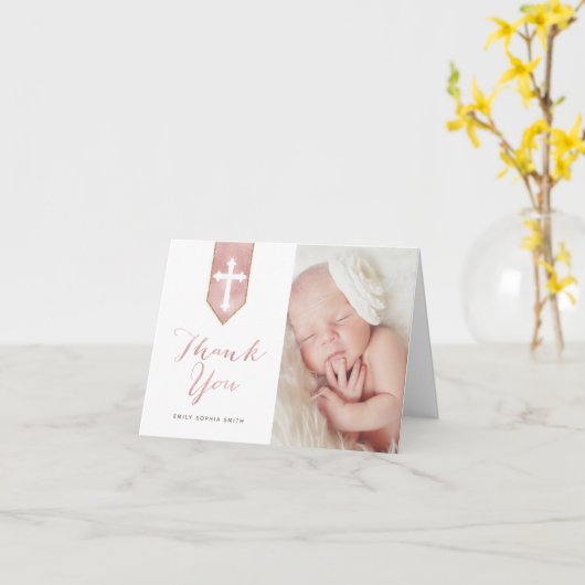 Glanzende Blush Script Doop Gevouwen Dank u Foto Kaart (Gele Bloem)