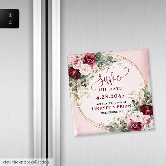 Glanzende Boho Bourgondië Blush Goud Bloem Datum Magneet