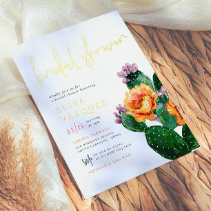 Glanzende Boho Woestijn Cactus & Bloemen Bruidsdin Folie Uitnodiging