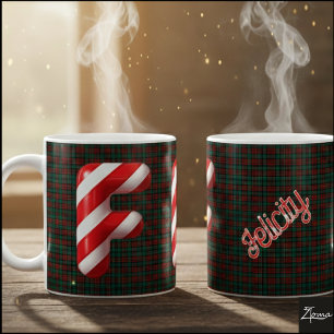 Glanzende Candy Cane Gestreepte Kerst Letter F Koffiemok