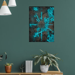 Glanzende Cyaan Fantasie Schatkaart Neon Kompasroo Poster