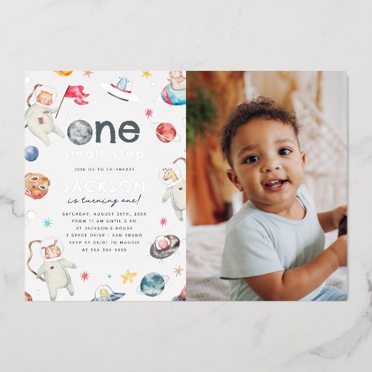 Glanzende een kleine stap ruimte 1e verjaardag fot folie uitnodiging (Voorkant)