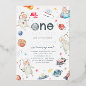 Glanzende één kleine stapruimte 1e verjaardagsfees folie uitnodiging (Voorkant)