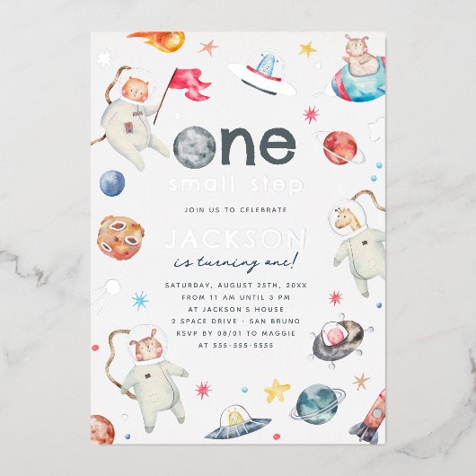 Glanzende één kleine stapruimte 1e verjaardagsfees folie uitnodiging (Voorkant)