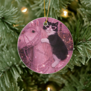 Glanzende Eenhoorn Kat Onder Fonkelende Stad       Keramisch Ornament
