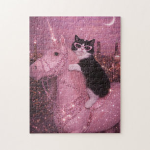 Glanzende Eenhoorn Kat Onder Fonkelende Stad Legpuzzel