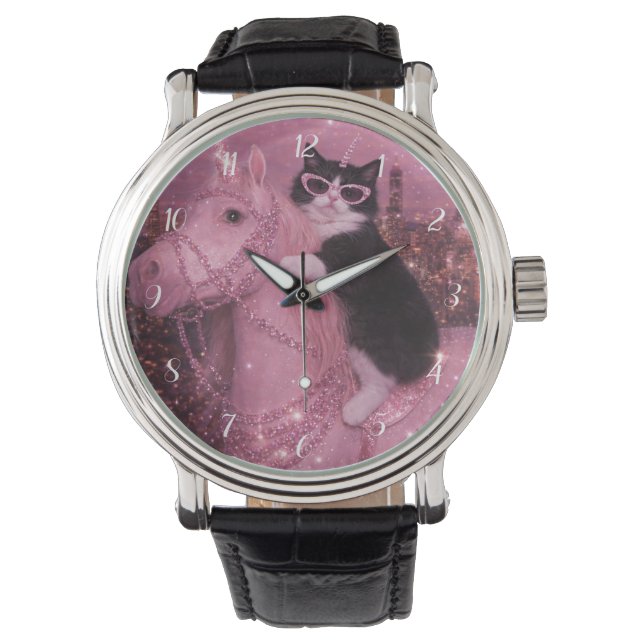Glanzende Eenhoorn Kat Onder Sprankelende Stad     Horloge (Voorkant)