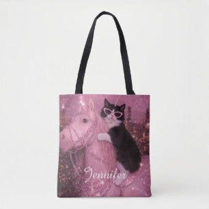 Glanzende Eenhoorn Kat Onder Sprankelende Stad Tote Bag