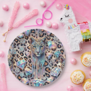 Glanzende Glam Opal Luipaardprint Papieren Borden Bordje