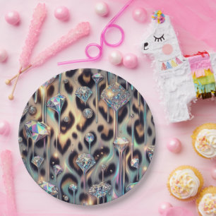 Glanzende Glam Opal Luipaardprint Papieren Borden Bordje