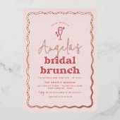 Glanzende golvende retro roze & rode groovy bruids folie uitnodiging (Voorkant)