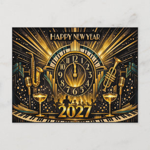 Glanzende Goud Art Deco Nieuwjaars Jazzviering Feestdagenkaart